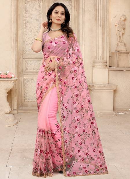 Light Pink Colour SENSATIONAL New Fancy Party Wear Heavy Net Embroidered Saree Collection 1244